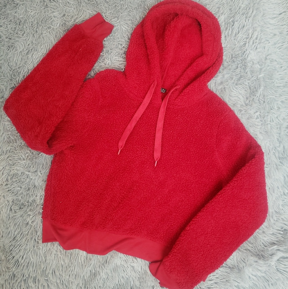 OUTERWEAR | Red Cropped Teddy Pullover Hoodie!